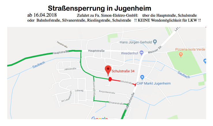 Straßensperrung in Jugenheim, Zufahrt Simon-Elektro-GmbH